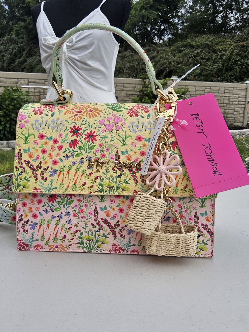 NWT Betsey Johnson Yellow Multi Floral Top-Handle Satchel with Charms